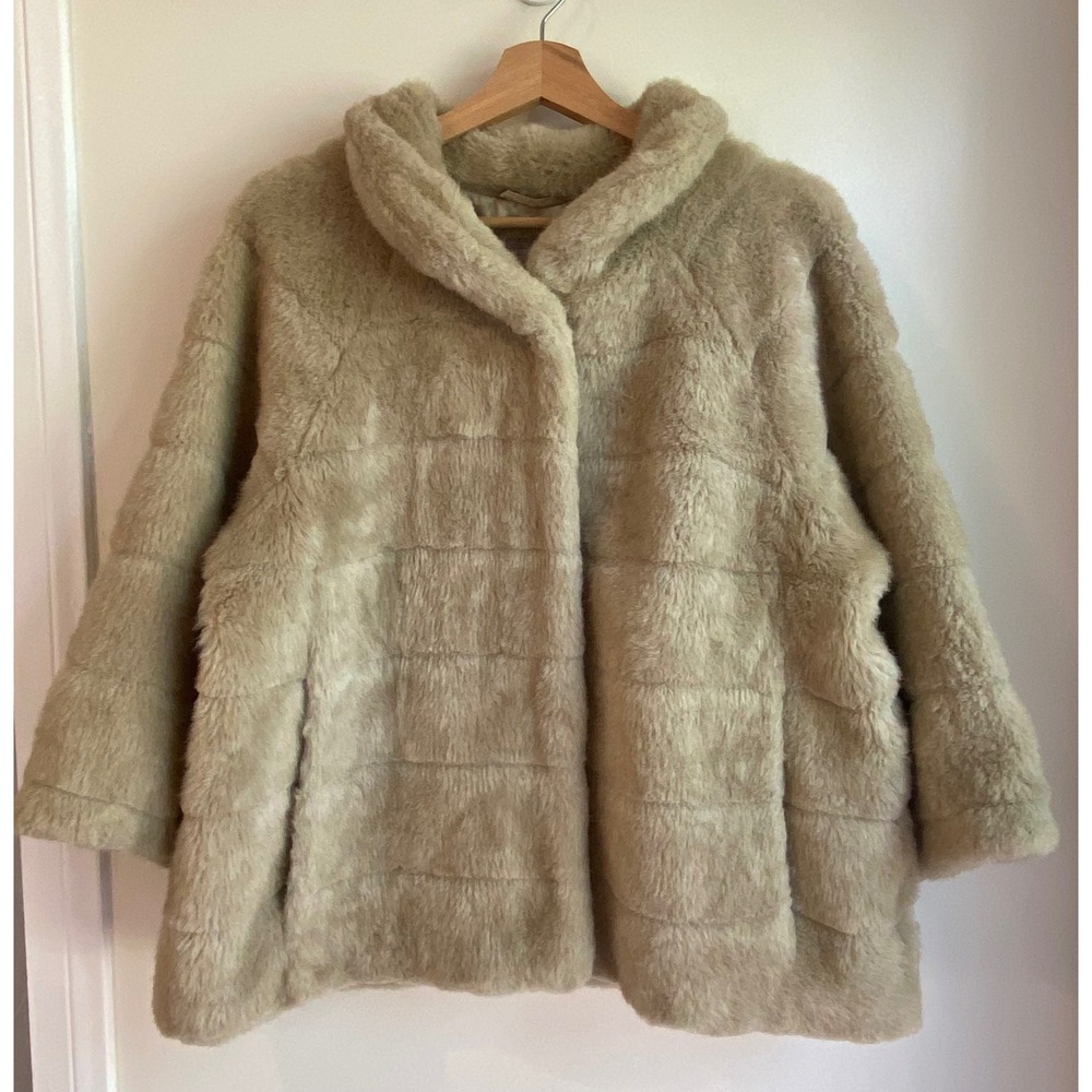H&M Faux Fur Coat Womens 12 Tan Boxy Shag Glam Mob Wife Winter Chic
